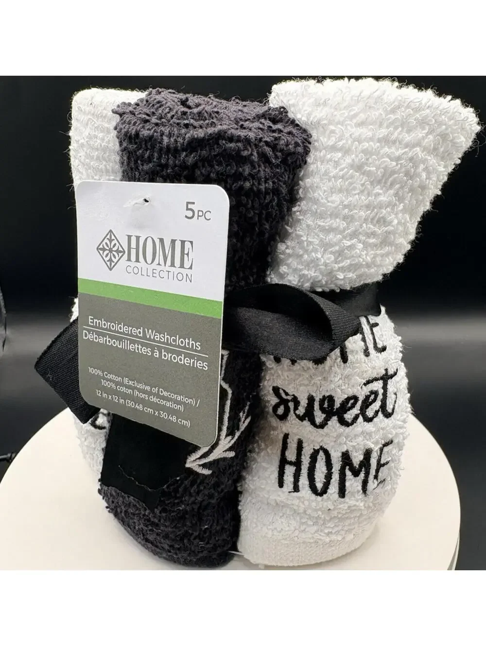 EMBROIDERED 100% Cotton Washcloths Black White 12x12in set of 5